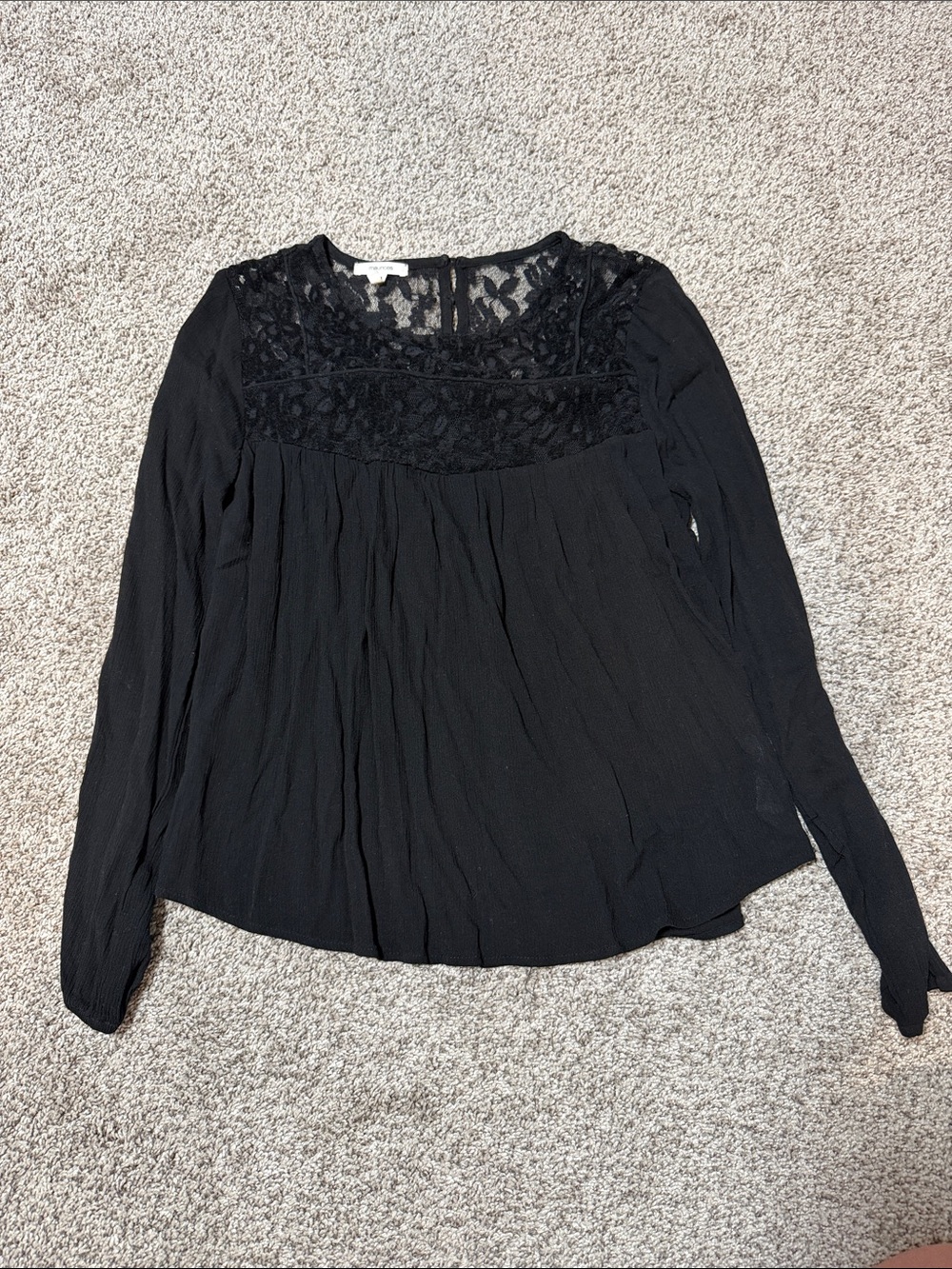 Black Lace Yoke Long-Sleeve Blouse